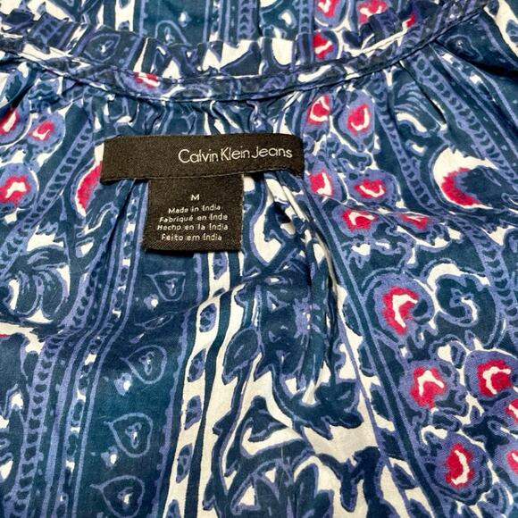 Calvin Klein Navy Floral Tunic Tank Top M Cotton Boho Pockets Ruffle - Picture 7 of 10